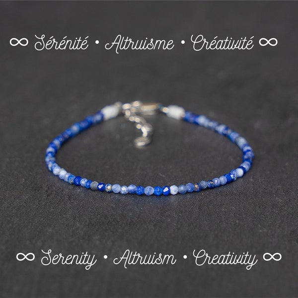 Bracelet Sodalite 2mm - Pierres fines facettées - Bracelet femme fermoir mousqueton argent massif 925 - Sérénité • Altruisme • Créativité