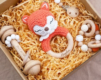 Personalized Fox Crochet Pattern Rattle, First Birthday Gift, Newborn Gift Set, Baby Sensory Toys, Knitted Baby Gifts,Welcome Baby Gift