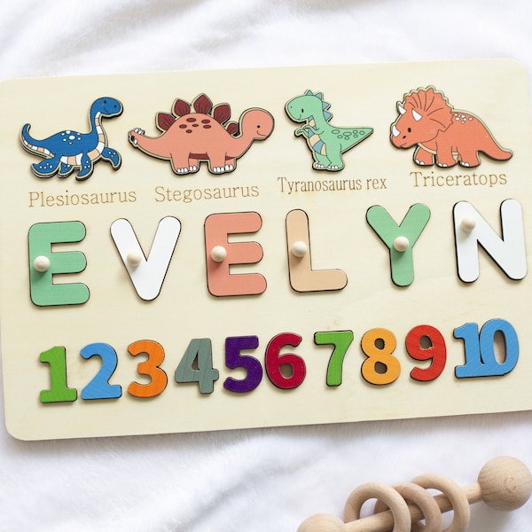 Namenspuzzle aus Holz | Dinosaurier Busy Board | Personalisiertes Montessori Brett | Personalisiertes Geschenk für Kleinkind | Erster Geburtstag Geschenk | Baby Shower Geschenk