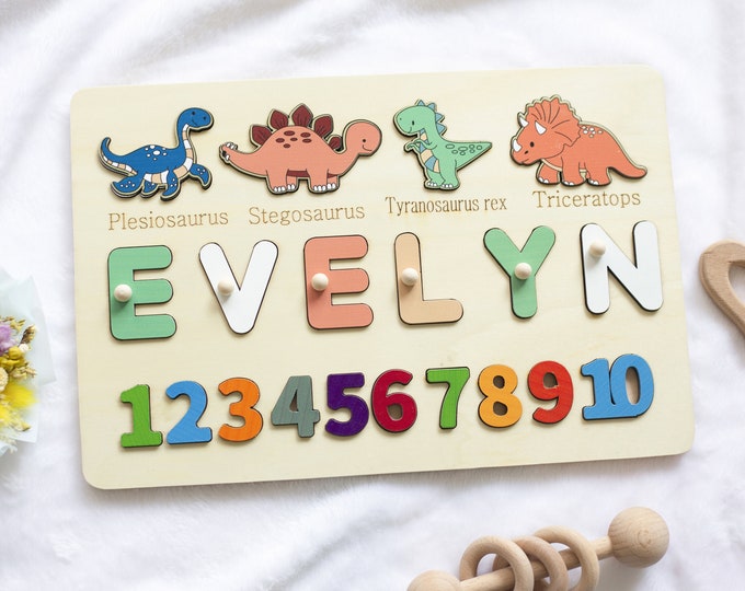 Wooden Name Puzzle | Dinosaur Busy Board | Custom Montessori Board | Personalized Gift for Toddler | First Birthday Gift | Baby Shower Gift