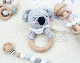 Baby Crochet Rattle Set, Koala Toys,Crochet Animals,Wooden Toys, Neutral Toys,Baby Gift Sets,Welcome Baby Gifts,New Baby,Christmas Gifts