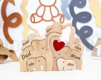 Puzzle en bois de famille d'éléphants, puzzle personnalisé, cadeaux pour les parents, famille d'éléphants de 7 personnes, décoration d'intérieur, cadeaux à la mémoire de la famille