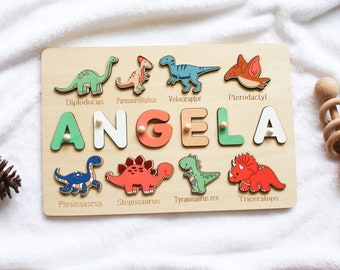 Wooden Name Puzzle with Dinosaur Shapes and Letters -Educational Toys - Montessori - Birthday Gift - Nursery Decoration