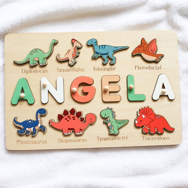 Wooden Name Puzzle with Dinosaur Shapes and Letters -Educational Toys - Montessori - Birthday Gift - Nursery Decoration