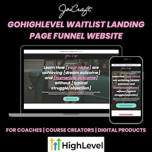 Könnte beinhalten: Eine Grafik für digitales Marketing, die für eine GoHighLevel-Landingpage-Funnel-Website wirbt. Das Bild zeigt einen Laptop und ein Smartphone, auf denen das Website-Design angezeigt wird. Der Text enthält "Learn How [your niche] are achieving [dream outcome] and [numerical outcome]"