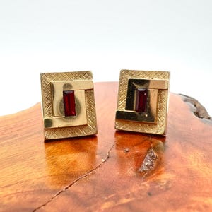 Vintage Signed SHIELDS 1950s Gold Tone Red Faceted Glass MCM Style Rectangular Cuff Links, <1”