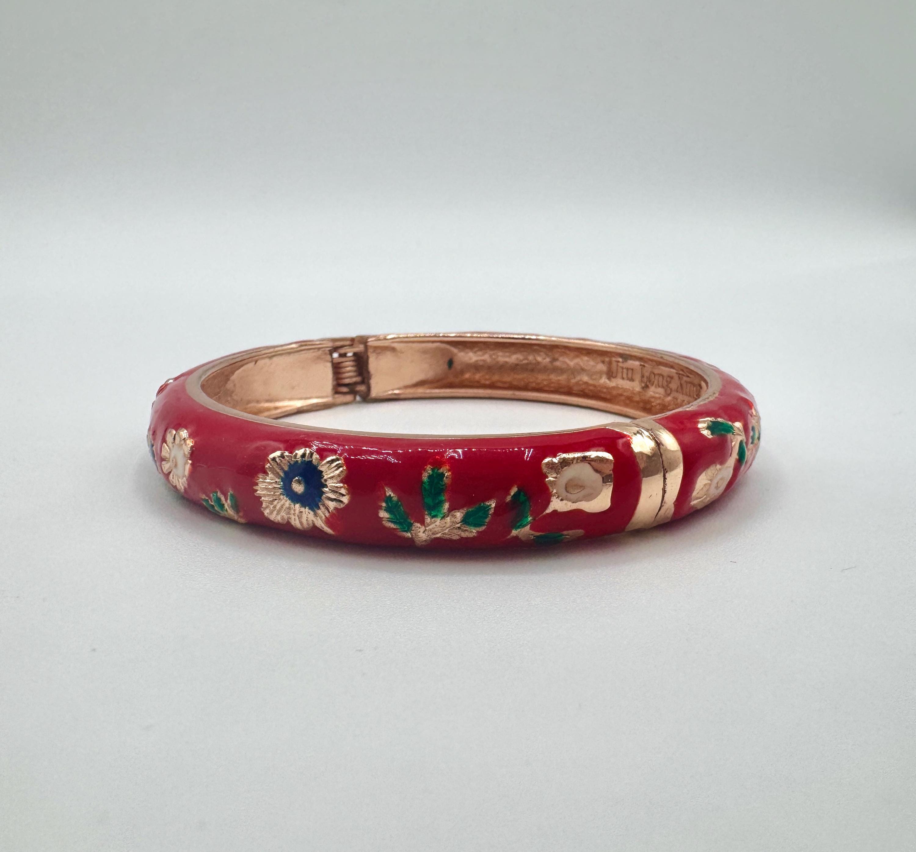 Red Floral Cloisonné Bangle Bracelet Vintage red cloisonne floral design bangle bracelet | eBay main image 2