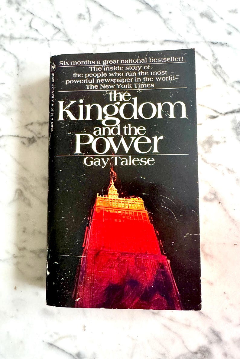 Vintage paperback, Gay Talese, the Kingdom and the Power, Bantam Books, paperback non fiction, New York Times, journalism history, writing history, new york history, primary source, mid century, 20th century history, new york nonfiction