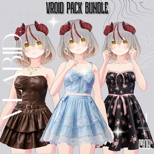 May include: Three anime-style characters with short grey hair and red horns wearing different outfits. The first wears a brown strapless dress with a belt. The second wears a light blue two-piece set with a bow. The third wears a black floral dress.