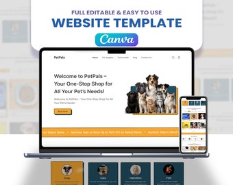 Pet Pals Plantilla de sitio web de Canva para tienda de suministros para mascotas / Diseños impresionantes para sitios web de suministros para mascotas / Perfecto para tiendas de mascotas y peluqueros