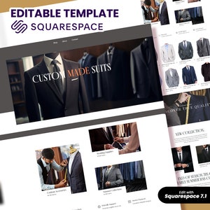 May include: A website homepage for a custom suit tailor shop. The website features a banner image of a man in a suit with the text "CUSTOM MADE SUITS". The website also features a section for new collections, wedding supplies, and custom accessories.