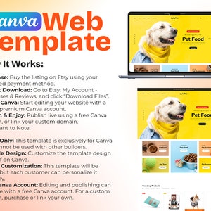 Puede incluir: Una plantilla web de Canva para un sitio web de tienda de comida para mascotas. La plantilla presenta un fondo amarillo con un perro que lleva una bufanda amarilla y el texto "HIGH QUALITY Pet Food". La plantilla tambi&eacute;n incluye una secci&oacute;n para productos de tendencia y una secci&oacute;n para diferentes tipos de comida para mascotas.
