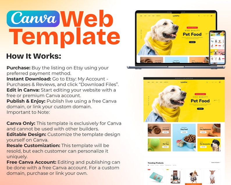 Puede incluir: Una plantilla web de Canva para un sitio web de tienda de comida para mascotas. La plantilla presenta un fondo amarillo con un perro que lleva una bufanda amarilla y el texto "HIGH QUALITY Pet Food". La plantilla tambi&eacute;n incluye una secci&oacute;n para productos de tendencia y una secci&oacute;n para diferentes tipos de comida para mascotas.