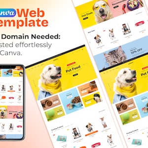 Puede incluir: Una plantilla de sitio web para una tienda de suministros para mascotas. La plantilla presenta un fondo amarillo con un perro que lleva una bufanda amarilla y gafas de sol. El texto "Comida para mascotas de alta calidad" se muestra en un cuadro azul. El sitio web tambi&eacute;n presenta una secci&oacute;n para ofertas especiales, productos recomendados y productos de tendencia.