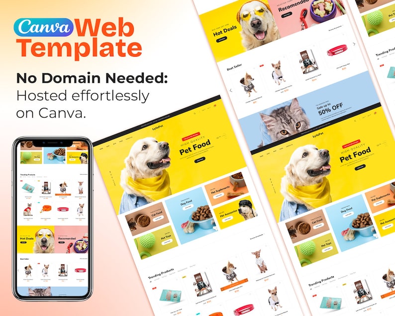 Puede incluir: Una plantilla de sitio web para una tienda de suministros para mascotas. La plantilla presenta un fondo amarillo con un perro que lleva una bufanda amarilla y gafas de sol. El texto "Comida para mascotas de alta calidad" se muestra en un cuadro azul. El sitio web tambi&eacute;n presenta una secci&oacute;n para ofertas especiales, productos recomendados y productos de tendencia.