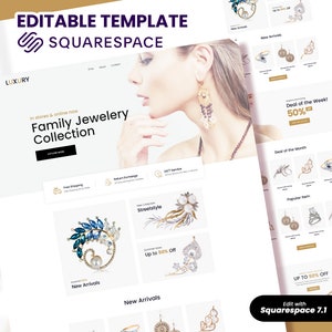 May include: A website template for a family jewelry collection, featuring a woman wearing earrings. The site showcases various jewelry pieces, including earrings, rings, and brooches. Text includes "Family Jewelry Collection," "New Arrivals," and "Up to 50% Off."