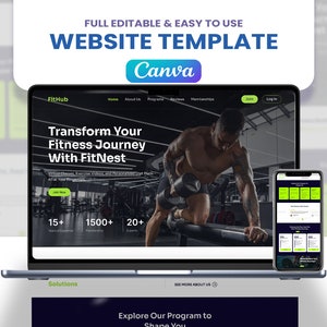 Puede incluir: Una plantilla de sitio web para un negocio de fitness llamado FitHub. La plantilla presenta a un hombre levantando pesas en un gimnasio, con texto que dice "Transforma tu viaje de fitness con FitNest". La plantilla también incluye una llamada a la acción para "Unirse ahora".