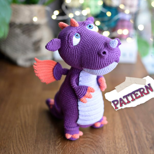 PATTERN drago all'uncinetto, modello dinosauro amigurumi, dinosauro all'uncinetto, peluche di coccodrillo, PDF inglese