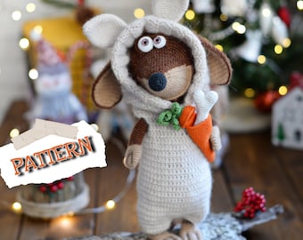 Amigurumi PATTERN dachshund dog toy with outfit overalls rabbit crochet Christmas animal toy  English PDF DIY
