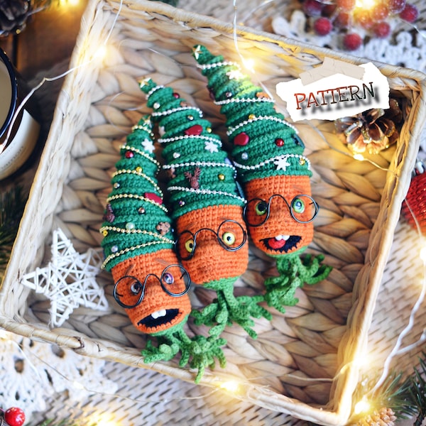 Crochet PATTERN christmas tree decoration carrot, amigurumi pattern tree topper, crochet bauble, stuffed tree topper, English PDF