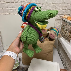 May include: A green crocheted alligator wearing a colorful crocheted hat with a pom-pom. The alligator is holding a small crocheted bag with colorful stripes.