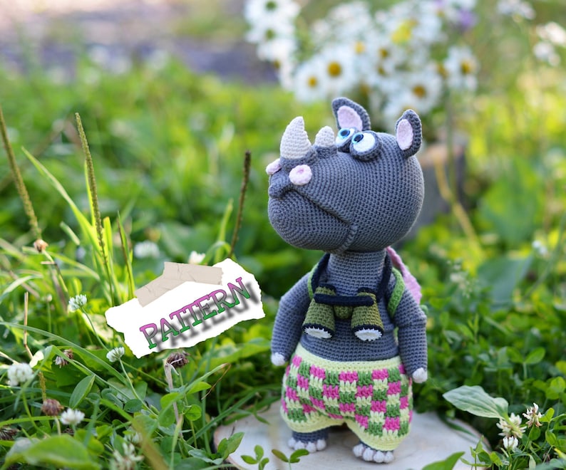 Crochet rhinoceros PATTERN, amigurumi rhinoceros pattern, rhinoceros stuffed toy, English PDF image 1