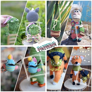 May include: A collection of crocheted amigurumi toys, including a green frog, a blue fish, a fox with a bird on its back, a rhino with a frog on its back, a bird with a backpack, and a white creature with a colorful dress and a bag. The toys are all handmade and have a whimsical, cartoonish style.