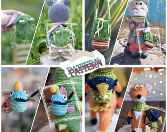 Crochet PATTERN backpack crow, backpack frog, bag cactus, backpack fish, amigurumi accessories for toys and dolls, English PDF