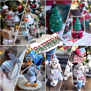 Puede incluir: Un collage de adornos navideños de ganchillo hechos a mano, que incluyen un reno, un muñeco de nieve, un oso, un árbol de Navidad, un pez, un pingüino y una oveja. Adornos coloridos para la decoración navideña.