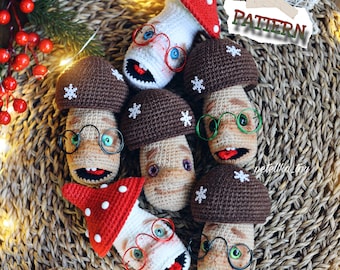 PATTERN all'uncinetto decorazione dell'albero di Natale con funghi, modello amigurumi, puntale per albero, porcini e agarico, pallina all'uncinetto, PDF inglese