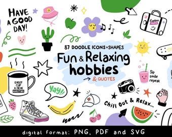 Ilustraciones y clipart de garabatos; pasatiempos relajantes y citas motivacionales