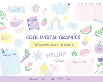 Genial paquete de gráficos digitales: gráficos realizados en colores pastel sobre dos fondos diferentes.