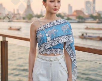 Chal de seda Sabai tailandés listo para usar: elegante chal de seda italiana con estampado de elefantes, estilo tradicional tailandés, ligero y chic.