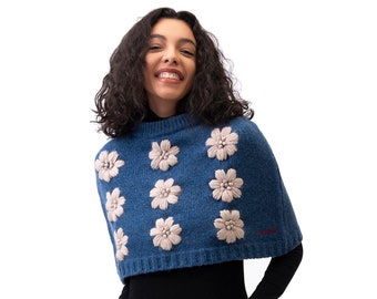 100% Wool hand knit shrug,Knitted Woman shrug, Handmade clothing Embroidered   Female Sweater,  Floral  crochet Capes Ponchos Shrug knitting