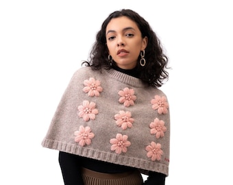 100% Wool hand knit shrug,Knitted Woman shrug, Handmade clothing Embroidered   Female Sweater,  Floral  crochet Capes Ponchos Shrug knitting