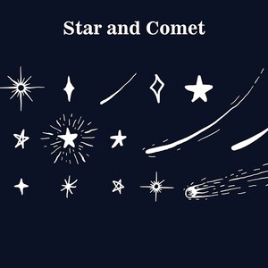 May include: A collection of white hand-drawn stars and comets on a dark blue background. The text "Star and Comet" is at the top of the image.