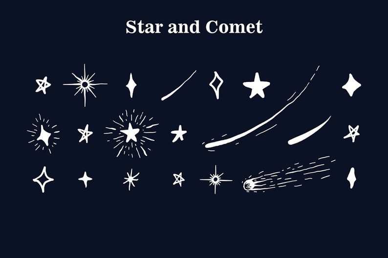 May include: A collection of white hand-drawn stars and comets on a dark blue background. The text "Star and Comet" is at the top of the image.