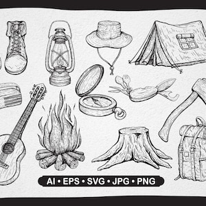 Elementos de caminhada desenhados à mão | Ilustrações de desenho de caminhadas | Desenho de aventura ao ar livre | Clipart de caminhada | SVG ao ar livre | Vetor de aventura
