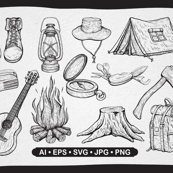Hand-drawn Hiking Elements | Hiking Drawing Illustrations | Outdoor Adventure Drawing | Hiking Clipart | Outdoor SVG | Adventure Vector