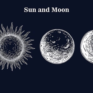 May include: A black and white illustration of the sun and moon. The sun has rays and the moon is in three phases: full, half, and crescent.