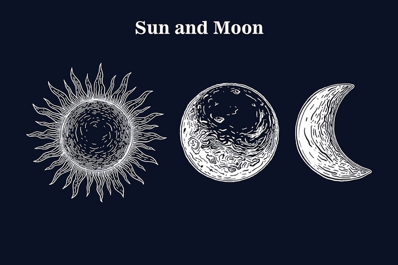 May include: A black and white illustration of the sun and moon. The sun has rays and the moon is in three phases: full, half, and crescent.