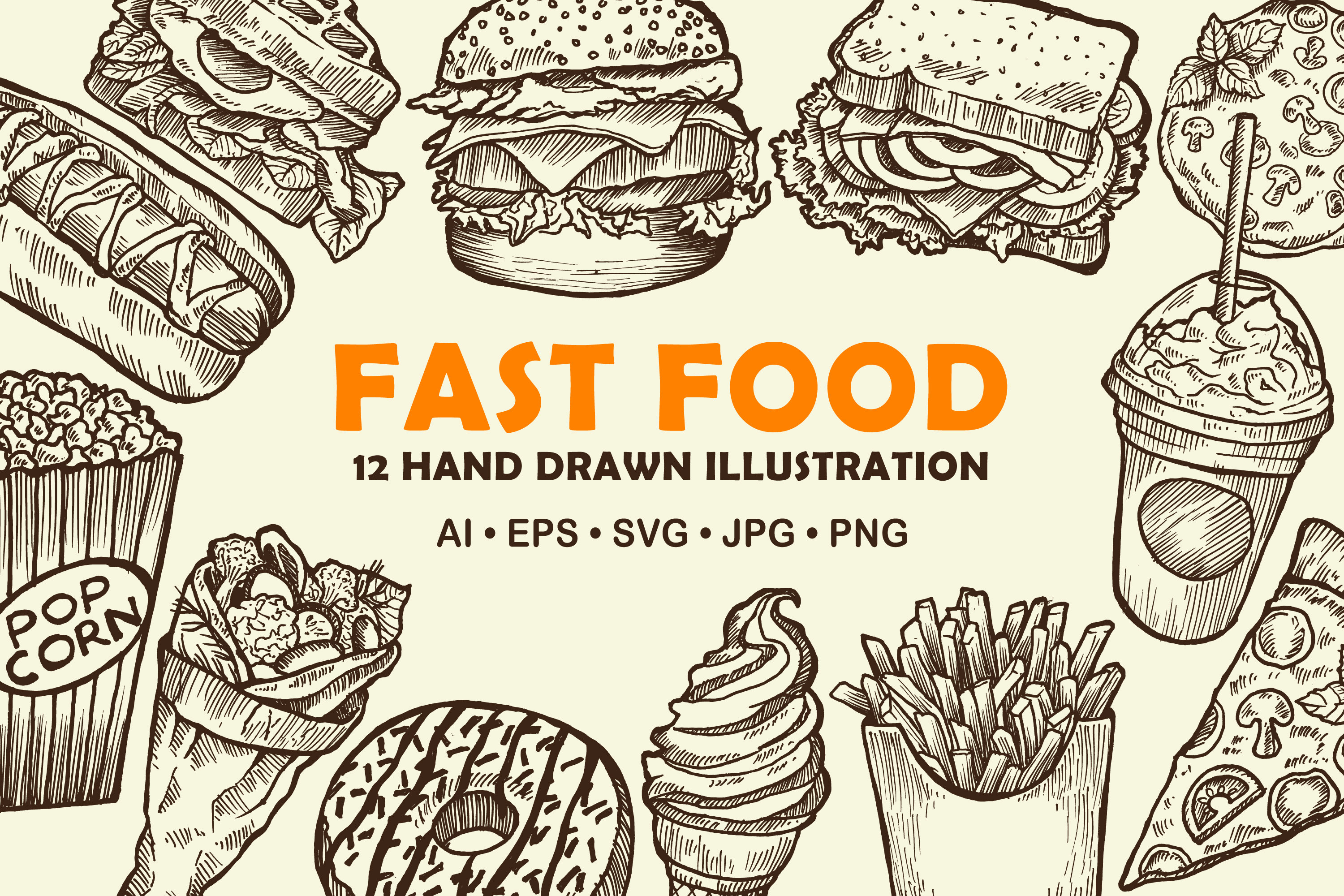 Hand-Drawn Fast Food Illustrations: SVG Clipart Bundle (Digital Download), image size:3000x2000