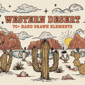 Elementos del desierto occidental dibujados a mano / elementos de clipart del oeste / ilustración del oeste