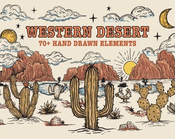 Hand drawn Western Desert Elements | western clipart elements | western illustration