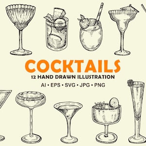 Illustrazioni disegnate a mano per cocktail / Illustrazioni vettoriali per cocktail / Clipart cocktail / Cocktail SVG / Cocktail PNG / Disegno cocktail