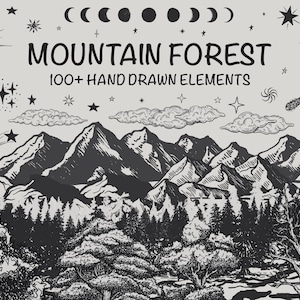 Elementos desenhados à mão da floresta de montanha | Kit de cenário de paisagem de floresta de montanha | Clipart de floresta de montanha | Floresta montanhosa SVG