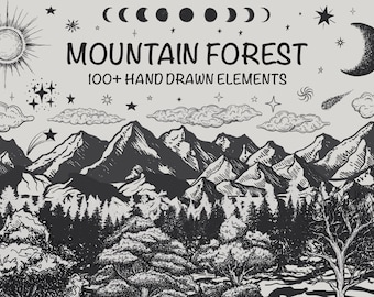 Mountain Forest Hand-Drawn Elements: Landscape Clipart SVG PNG JPG