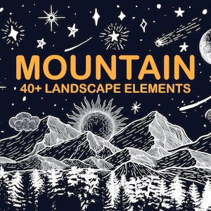 May include: A black and white illustration of a mountain landscape with a sun, moon, stars, and clouds. The text "MOUNTAIN 40+ LANDSCAPE ELEMENTS" is in the center of the image.