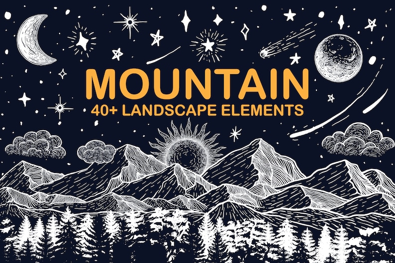 May include: A black and white illustration of a mountain landscape with a sun, moon, stars, and clouds. The text "MOUNTAIN 40+ LANDSCAPE ELEMENTS" is in the center of the image.