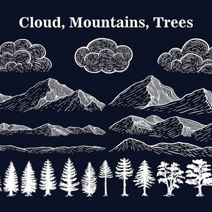 May include: A black and white illustration of clouds, mountains, and trees. The image is drawn in a simple, hand-drawn style.